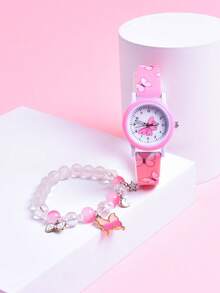2pcs Set: Fashionable Cartoon Butterfly Print Watch Strap, Creative Student Quartz Wristwatch & Gradient Color Beaded Bracelet For Girls - Pink - View 7
