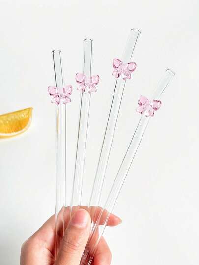 1/4/8pcs Cute Pink Bow Glass Straws, Reusable Bent Thick Transparent Glass Straw Set, Suitable For Water Cups, Milk Tea, Coffee, Juice, Smoothies, , Home, Restaurants, Hen Party, Wedding, Cocktail Parties, Back To School, Gifts