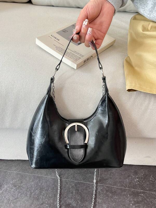 1pc Quilted Snap Closure Zipper PU Solid Crescent Bag, Fashion Minimalist Versatile Shoulder Bag, New Commuter Crossbody Bag For Women, Casual Tote Bag With Strap Decor, Suitable For Going Out, Dating, Office, Shopping, Travel, Gift, Daily Use