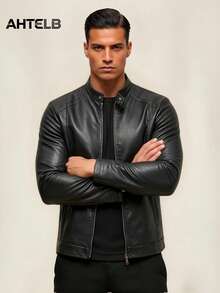 AHTELB 男士休闲复古摩托车皮夹克，春秋季黑色 - 黑色 - 查看 1