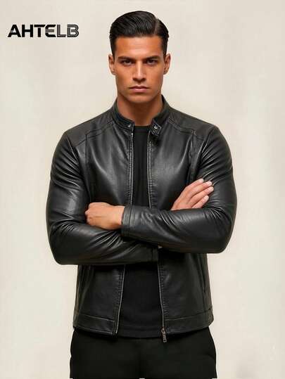  AHTELB Men's Casual Retro Motorcycle Leather Jacket, Spring Autumn Black