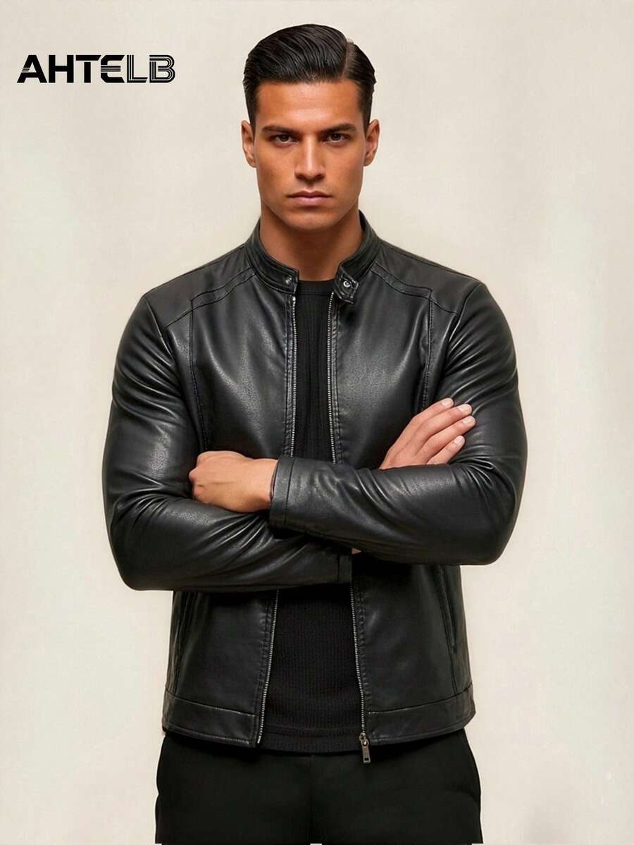 AHTELB 男士休闲复古摩托车皮夹克，春秋季黑色 - 黑色 - 查看 1