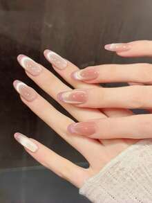 10片手工美甲片，椭圆方形亚克力按压式美甲，中短款，极简粉色美甲，闪亮猫眼美甲，糖粉法式美甲，前卫优雅简约春季美甲，夏季按压式美甲，适合派对、日常、约会、海滩、热带度假等场合，DIY假指甲艺术，适合女性和女孩作为礼物，美甲用品 - 粉色 - 查看 3