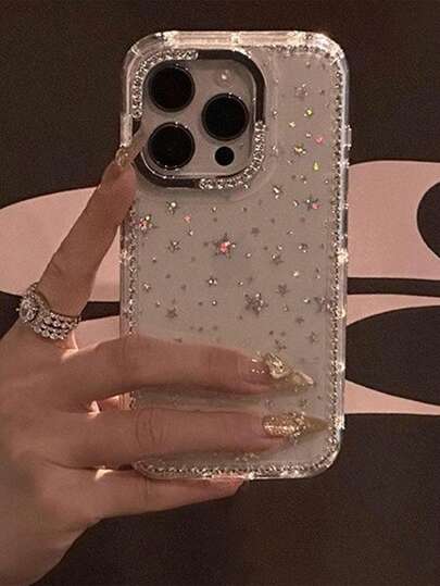 一款大孔铆钉边框手机壳，全屏激光星空透明手机壳，适用于 17/17pro/17promax/Air/11/12/13/14/15/16/16promax，透明硬壳保护套，手感高级，情人节礼物