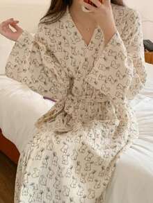 Lightweight Spring/Summer Robe/Sleepwear, Rabbit Print Sheer Robe/Kimono, Minimalist European Style, Long Sleeve, V-Neck, With Pockets, Comfortable Women's Loungewear Robe, Suitable For Spring, Summer, Autumn, Home, Bathroom, Best Birthday Gift For Daughter/Family - As Show - View 13