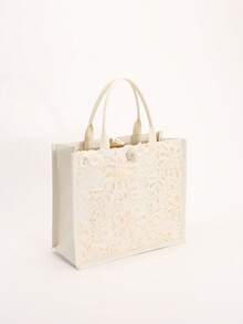 1pc Colorful Sequin & Mesh Patchwork Linen Tote Bag, Fashion Floral & Leaf Embroidery Design, Large Capacity Square Shoulder Bag, Casual Vacation Style Shopping Bag (Floral Pattern Randomly Distributed) - Beige - View 5