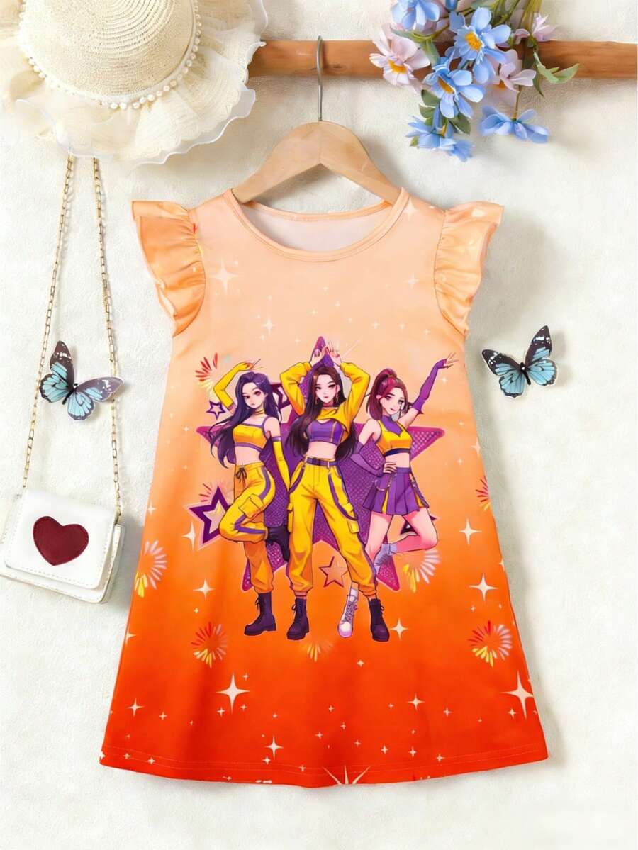 Đầm ngắn tay in hình nhóm nhạc hoạt hình màu tím dễ thương cho bé gái, đầm ngắn tay đính sequin hình ngôi sao ngọt ngào mùa hè, thích hợp cho lễ hội âm nhạc, đầm hoạt hình retro rộng rãi thoải mái. - trái cam - Xem 1