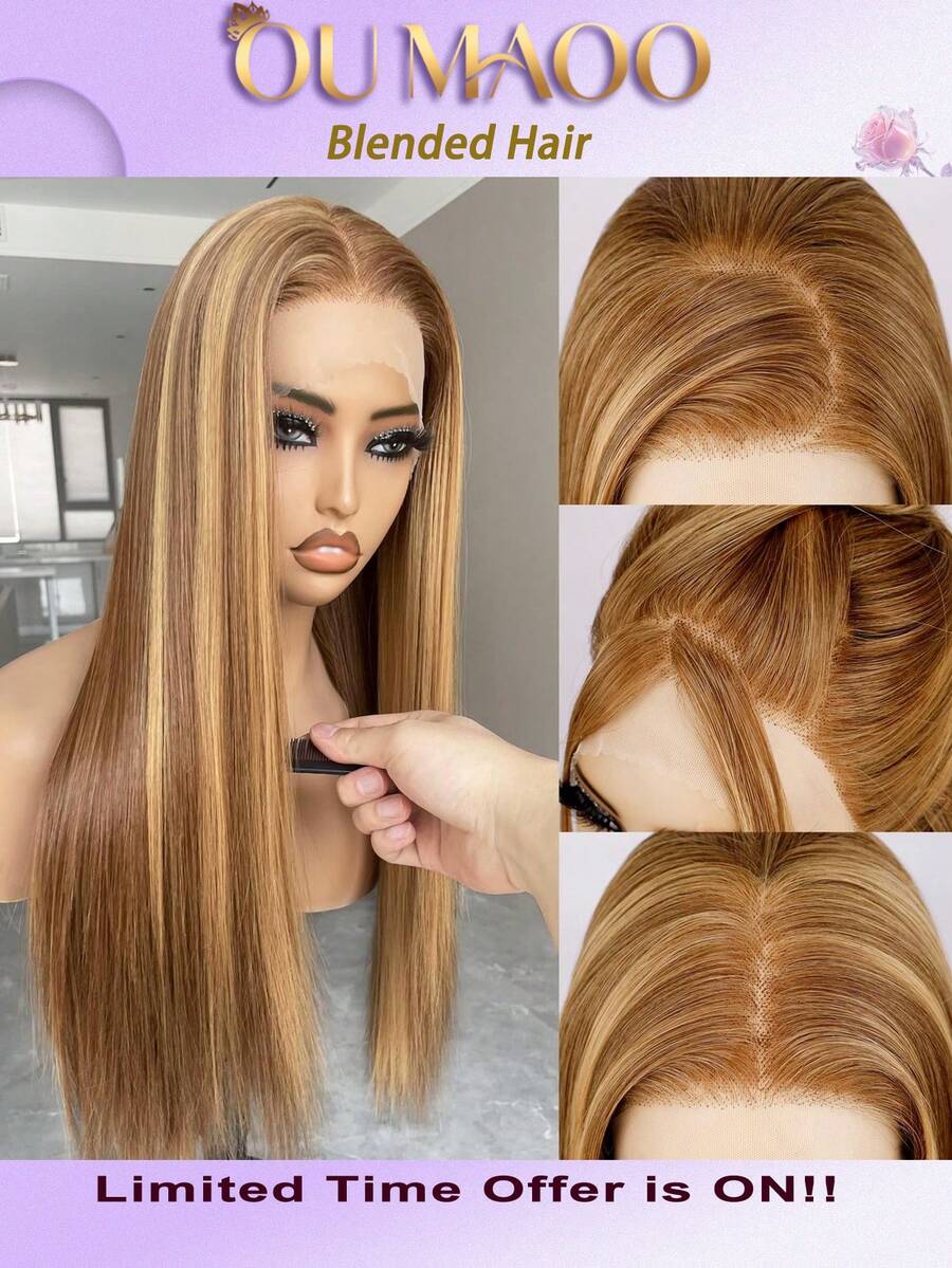 直发高清透明蕾丝前假发，真人混纺发丝，13x4，无需胶水，巴西原生发际线，200%密度，预先拔毛，带婴儿绒毛，黑色