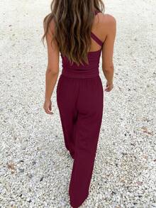 Women's Casual Sleeveless Crop Top & Loose Matching Set, Fashion Vacation Outfit, Spring/Summer - Burgundy - View 5