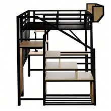 Metal Loft Bed 140 * 200 Cm, With Desk, Shelf And Storage Net, Complete With Safety Ladder, LED Lighting And Socket, Raised Railing, Black - Black - View 9