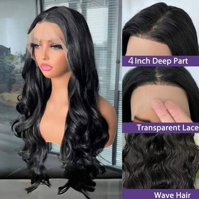 13*4 Black 26 Inch Lace Frontal Wig Curly Wave For Women Natural Heat Resistant Fiber Synthetic Black Wavy Wigs For Halloween Daily Use Party Cosplay,Wedding Season, Mother's Day, Music Festiva