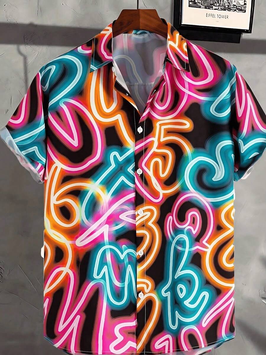 Abstract Street Graffiti Design Symbolizes Freedom Passion And Self Expression Through Bold Colorful Strokes 3D Print Men's Casual Short Sleeve Button Up Shirt - A508D-AT22926 - 查看 1
