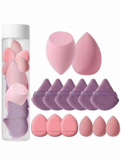 15PCS Makeup Tools Set Including:6PCS Triangle Powder Puffs+2PCS Makeup Sponges+3PCS Mini Makeup Sponges+3PCS Mini Air Cushion Powder Puffs+1Storage Container