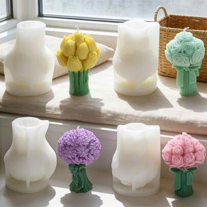 1 khuôn nến silicon hình hoa - Thiết kế bó hoa hồng và tulip lãng mạn với họa tiết cánh hoa tinh tế, thích hợp làm quà tặng ngày Valentine, trang trí đám cưới, quà tặng tiệc cưới và trang trí phòng ngủ.