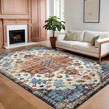 WWohnzimmer Teppich Retro Floral , Abriebfest, Rutschfest, Maschinenwaschbar, Weich und Pflegeleicht, Geeignet für Schlafzimmer, Esszimmer, Arbeitszimmer, Büro und Mehrzweckräume, Modische Raumdekorat - Orange - Übersicht 1