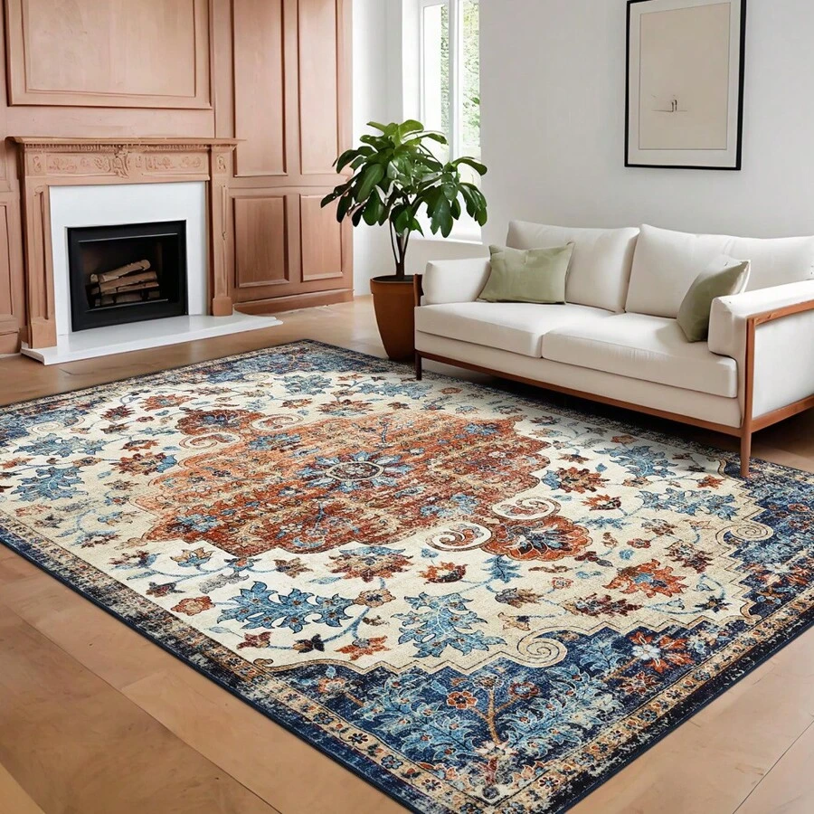 WWohnzimmer Teppich Retro Floral , Abriebfest, Rutschfest, Maschinenwaschbar, Weich und Pflegeleicht, Geeignet für Schlafzimmer, Esszimmer, Arbeitszimmer, Büro und Mehrzweckräume, Modische Raumdekorat - Orange - Übersicht 1