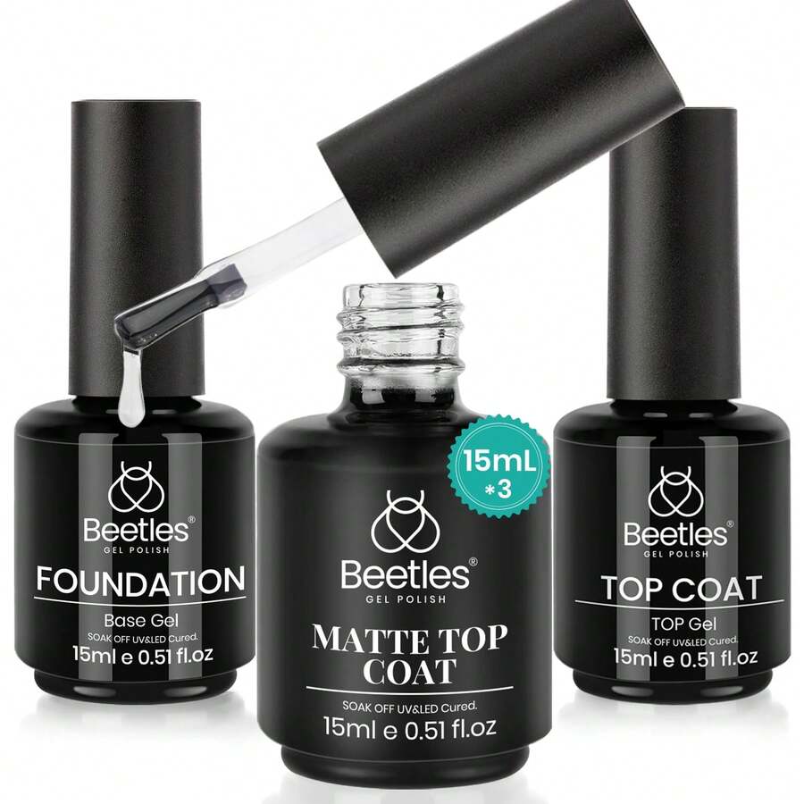Beetles Top Coat Base Gel & Nail Glue Set-3Pcs No Wipe Top Coat Gel Nail Polish & Base Coat With 9 In 1 Nail Glue Shine Effect Long Lasting Soak Off Uv Light Lamp Diy Nail Gifts For Women & Girls - 3PCS 15ML Base & Top & Matte Top Coat - 查看 1