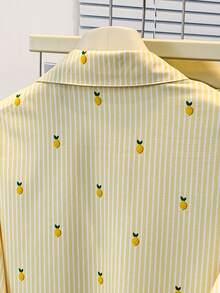 女士长袖条纹衬衫，Polo领，柠檬印花 - 百搭休闲工作上衣，适合办公室、通勤、度假和居家穿着，春夏秋季皆宜 - 黃色檸檬 - 查看 8