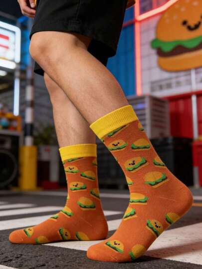 1 par de calcetines hasta el tobillo para hombres con diseño de hamburguesa, calcetines de alta calidad, transpirables, que absorben la humedad y cómodos para uso casual, deportivo y estilo callejero, adecuados para primavera, verano y otoño