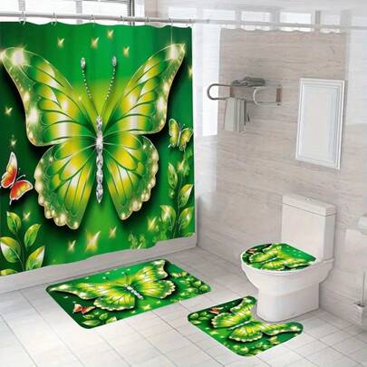 Jit1/3/4pcs Shower Curtain Four-Piece Set Spring Decoration Green Diamond Butterfly Leaf Flannel Sponge Pad Soft Toilet Three Pieces Set Waterproof Shower Curtain Non-Slip Floor Mat Toilet U-Shaped Mat Bathroom Dry And Wet Separation Bathroom Decoration