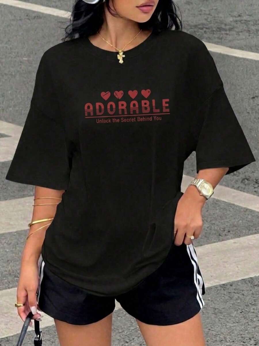 女士时尚印花短袖T恤，夏季百搭休闲运动装 - 黑色 - 查看 1