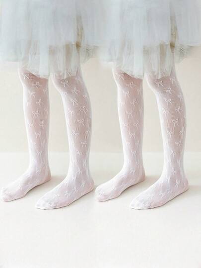 3/2/1 Pack Kids White Bow Jacquard Mesh Tights, Perfect To Match With Dresses And Leather Shoes. Versatile Slim Leggings, Soft And Skin‑Friendly. New Spring And Summer Leggings For Girls, Great As Graduation Season Gifts
