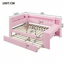 Upholstered Daybed 140x200 Cm With USB Ports And LED Strip, Pull-Out Bed And Desk, Pink - Pink - View 3