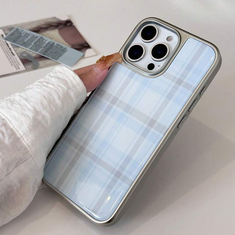 Fashionable Cute Plaid Glossy Resin Soft Phone Case, Suitable For IPhone 17 Air, 16, 15, 14, 13, 12, 11 Pro Max, 16, 15, 14 Plus, Minimalist Creative Shock-Proof Back Cover - Light Blue - View 9