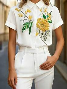Blusa elegante de mujer de manga corta con bordado floral - Camisa de verano lavable a máquina, para uso casual o formal en la oficina y de vacaciones, primavera/verano blanco - Blanco - Ver 7
