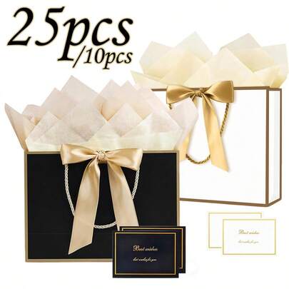 25/10 túi quà màu đen/trắng, viền vàng sang trọng, kích thước trung bình 11''x7.87''x4'', 1 bộ = 5 món = (Hộp quà + Thiệp + Giấy lụa + Dây ruy băng nơ). Thích hợp cho mọi dịp sinh nhật, đám cưới, Ngày của Mẹ và các dịp đặc biệt.