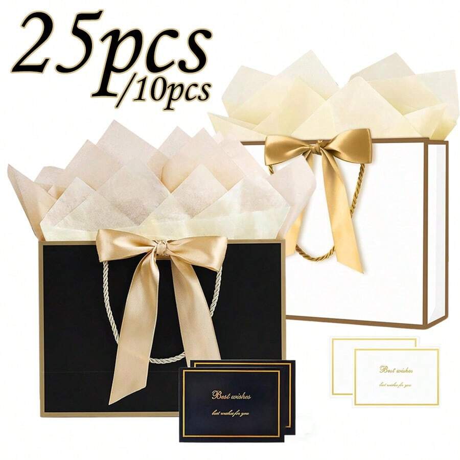 25/10 túi quà màu đen/trắng, viền vàng sang trọng, kích thước trung bình 11''x7.87''x4'', 1 bộ = 5 món = (Hộp quà + Thiệp + Giấy lụa + Dây ruy băng nơ). Thích hợp cho mọi dịp sinh nhật, đám cưới, Ngày của Mẹ và các dịp đặc biệt.