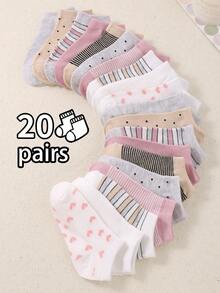 20/10/5 Pairs Random Color Striped Heart Pattern Children's Sports Short Socks, Soft Lightweight Low-Cut Seamless Socks, Suitable For All Seasons, Comfortable And Versatile, Solid Color Short Socks, Boat Socks, Girls' Socks - Multicolor - View 14