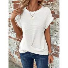 Women's Beige Waffle Knit Round Neck Dolman Short Sleeve Twist Front Hem Casual Top Minimalist Streetwear - 白色 - 查看 1