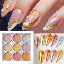 Metallic  Nail Art Powder Set 9 Colors Gold Silver Rose Gold Solid Magic Mirror Effect Pigments Nail Glitter Powder With Brushes For Nail Supplies Manicure - 金色,銀色,玫瑰金,香檳色,紅色 - 查看 4