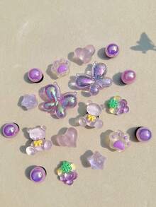 18 piezas Conjunto lindo de decoración de zapatos con purpurina morada - Dijes planos de mariposa y pata de oso, adecuado para mujeres y niñas, accesorios de decoración de zapatos DIY adorables y brillantes - Morado - Ver 5