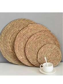 4/6pcs Natural Water Hyacinth Woven Placemats - Handmade Rattan Round Coasters, Rustic Style Wicker Insulation Mats For Dining Table, Home Decor, Wedding, Picnic, Holiday Celebration; Handcrafted - Brown - View 2