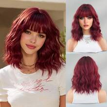7JHH WIGS Tóc giả ngắn gợn sóng màu đỏ rượu vang ombre có mái cho nữ, dài 12 inch, tóc giả xoăn gợn sóng ngắn với chân tóc tối màu, tóc giả tổng hợp tự nhiên chịu nhiệt, thích hợp cho hóa trang hàng ngày, phụ kiện tóc giả cho lễ hội âm nhạc và tiệc tùng. - Màu Đỏ Sâu - Xem 12