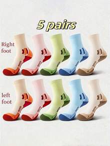 1/5 Pairs Unisex Color Block Round Neck Socks, Breathable Shock-Absorbing Sports Socks Suitable For Running And Daily Wear - Multicolor - View 5