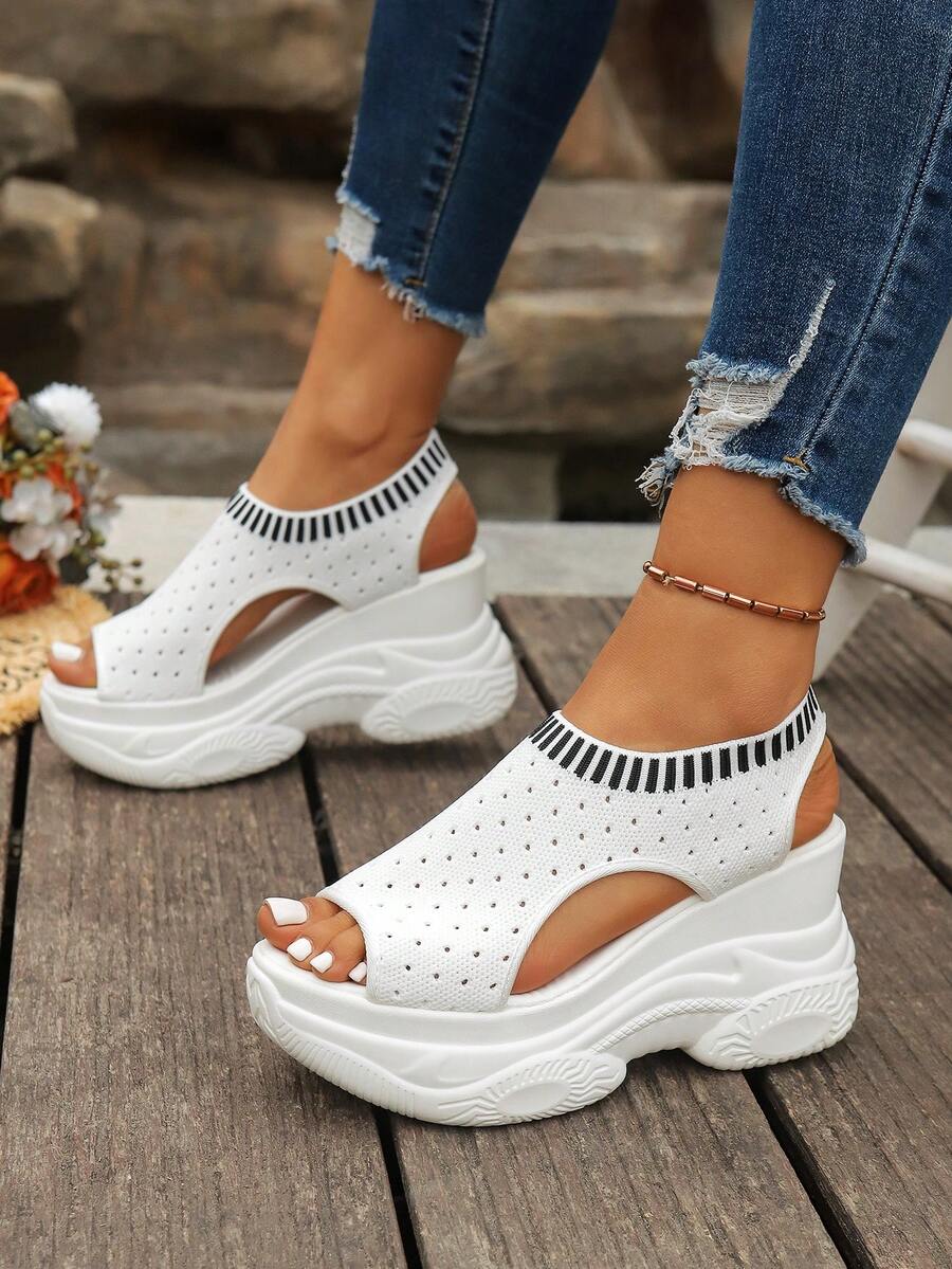 Damen Offene Zehen Gewebte Keilsandalen, Schnür-Absatz-Plateau-Sneaker mit atmungsaktivem Mesh, Keilabsatz mit dicker Sohle, bequeme Schuhe, lässiger Street-Style für den täglichen Sommertrag - Weiss - Übersicht 1