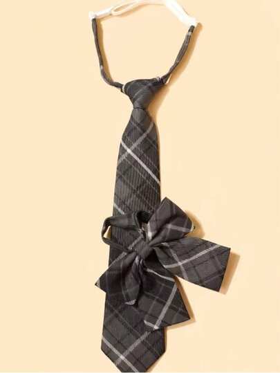 2pcs Women's Casual Plaid Pattern Bow Tie Collar Outfit, Suitable For School, Daily Wear, Dates And Outings