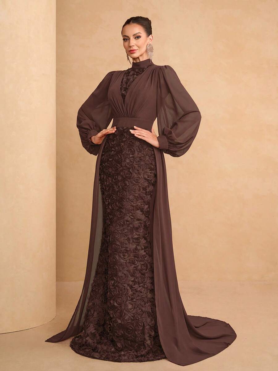 Elegant 3D Floral Chiffon High Collar Lantern Sleeve Dress, Suitable For Wedding Guest, Formal Occasions, Graceful & Appropriate For Women Party