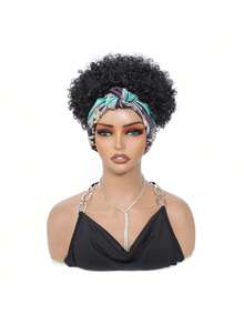 Black Headband Wigs For Women Afro Kinky Curly Wig With Synthetic Short Hair Wigs With Headband Attached Headwrap Wigs Kinky Curly Headband Wig - màu xanh lá - Xem 4