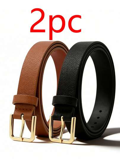 2pcs New Stylish Slim Women's Golden Needle Buckle Waist Belt , PU Material - Simple Casual Elegant Solid Color Belt,Perfect For Jeans And Dresses, Ideal For Casual Outings, Weddings, Date Nights, Office Wear, Everyday Leisure, Evening Gown Accessories