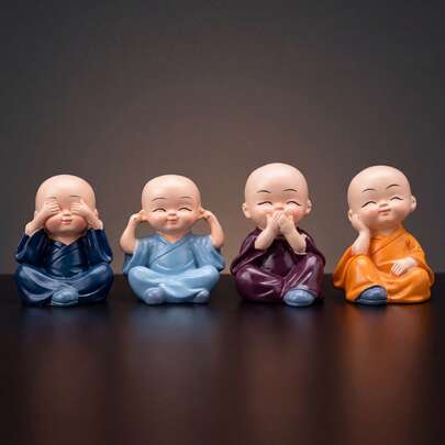 Bộ 4 tượng nhỏ bằng nhựa năm 2026, tượng Phật Thiền tông, kích thước 6x4cm, thích hợp để trang trí bảng điều khiển ô tô, bàn làm việc, phòng ngủ, văn phòng, chống trượt, món quà ý nghĩa dành cho bạn bè và gia đình.