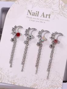 5pcs Star & Moon Chain Nail Decor, Luxury Silver 3D Alloy Metal Nail Jewelry, Multi-Color DIY Nail Art Accessories, Nail Gems, Nail Supplies Nails - Multicolor - View 2