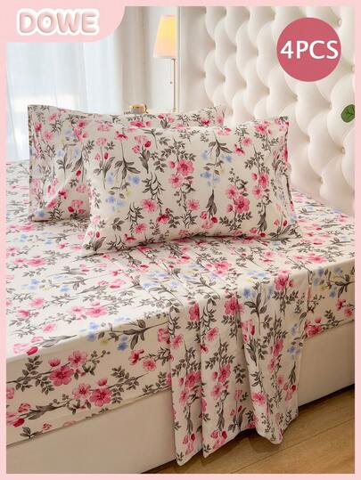4pcs Set, 100% Polyester, Pastoral Floral, 35cm Deep Pocket Fitted Sheet, Printed Bedding Set (2 Pillowcases + 1 Flat Sheet + 1 Fitted Sheet), All-Season Modern Bedding Set, Minimalist Style, Soft & Comfortable, Breathable