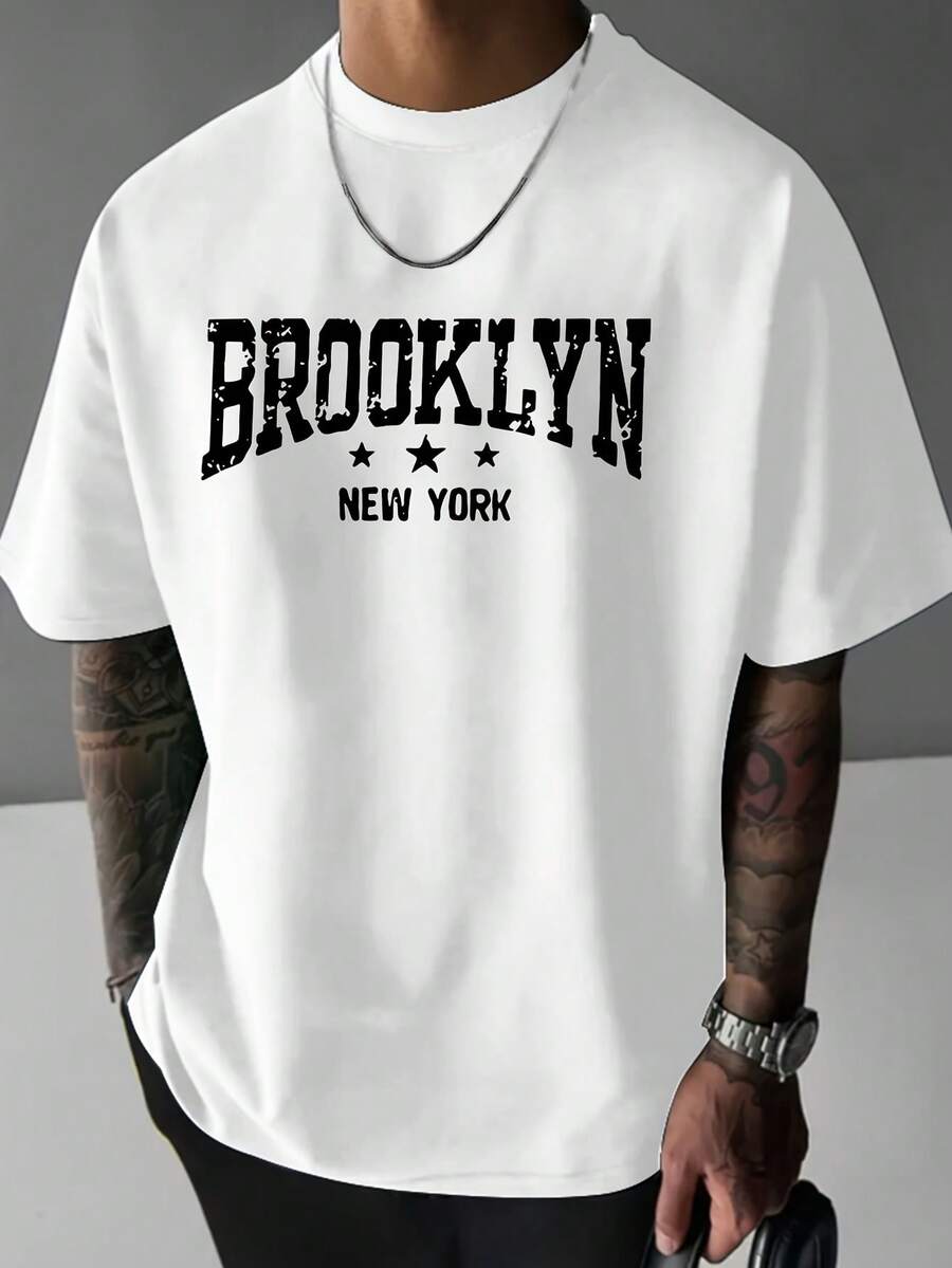 BROOKLYN Casual Breathable  Street Fashion Men's Comfortable Oversized T-Shirt-Unisex Casual Vintage Street-Style Loose-Fit Cotton T-Shirt Top - 白色 - 查看 1