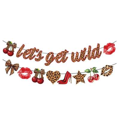 1 Set Wild Theme DIY Letter Garland Banner - Leopard Print Decor Leopard Theme Hanging Ornament, Animal Texture Party Sign, Wild Theme Party Banner With Red Lips, Cherries And High Heels Decor, Suitable For Bachelorette Party, Disco Night And Wild Theme Celebration Events, Graduation Party Decoration