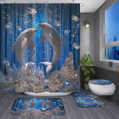 4pcs Rhinestone White Dolphin Pattern Shower Curtain High Quality With 12 Plastic Hooks, Bathroom Anti-Slip Mat, Toilet U-Shaped Pad, Lid Pad Modern Home Decor Bathroom Accessories
