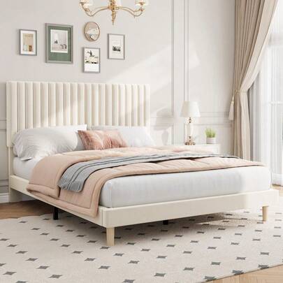 Full Size Bed Frame, Upholstered Platform Bed Frame Queen Size With Vertical Channel Tufted Adjustable Headboard, Strong Wooden Slats Support, No Box Spring Needed, Easy Assembly